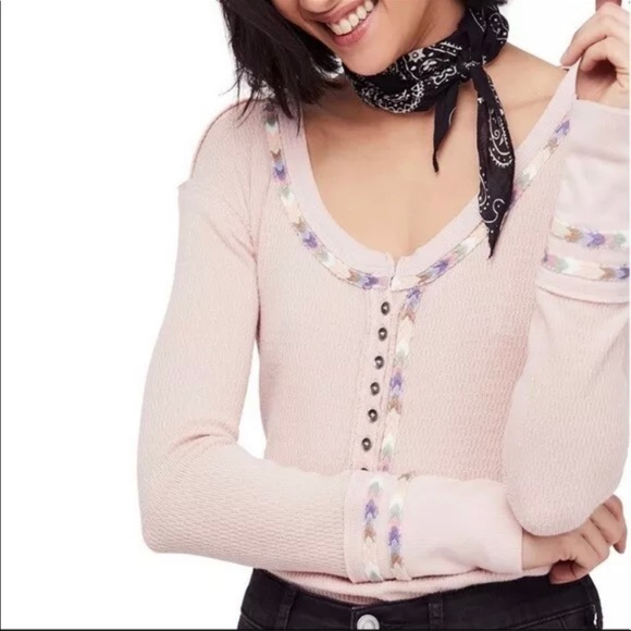 Free People Pink Rainbow Chevron Embroidered Thermal We The Free Henley. SMALL - Picture 1 of 9